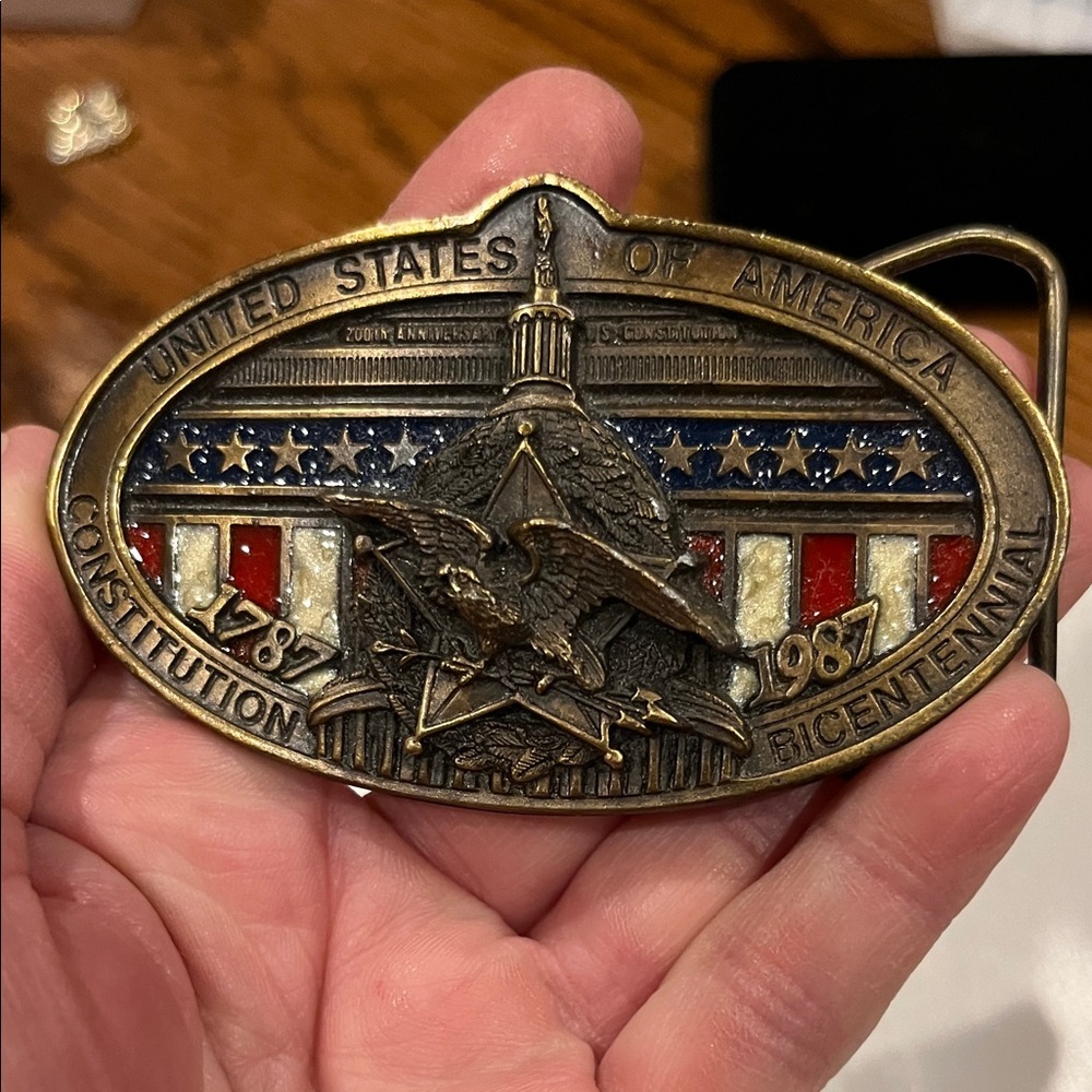 1987 U.S. Constitution Bicentennial Belt Buckle Vintage Patriotic Eagle American